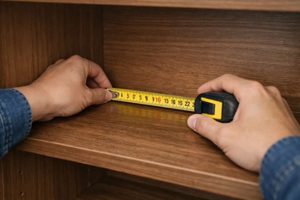 木目調の造作棚の内寸をメジャーで計測している様子