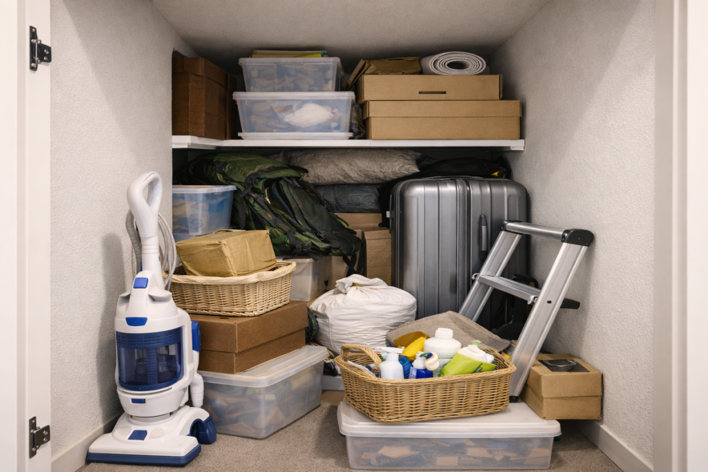 クローゼット内に収納ケースやスーツケース、掃除機などが整理されずに置かれている収納スペースの様子