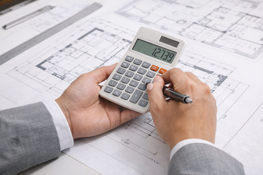 建築図面の上で電卓を使い、費用計算を行っている手元の様子