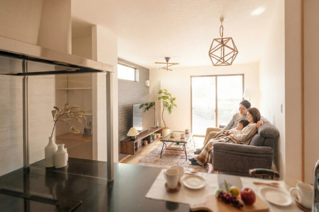 キッチンからリビングを眺めた、幾何学的な照明が映える温かみのあるLDKとソファでくつろぐ家族の風景。