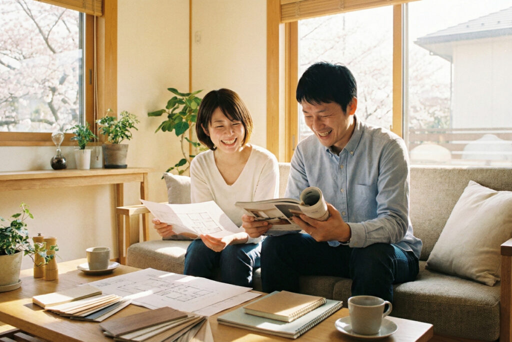 窓の外に桜が咲く明るいリビングで、間取り図や建材サンプルを広げながら笑顔で家づくりの相談をする夫婦の様子。