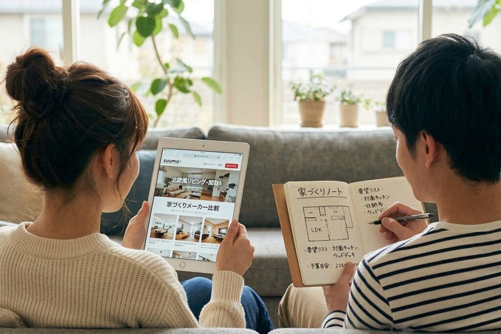 リビングでタブレットを使い住宅メーカーを比較しながら、要望や間取りのアイデアをノートにまとめる夫婦の家づくり会議。