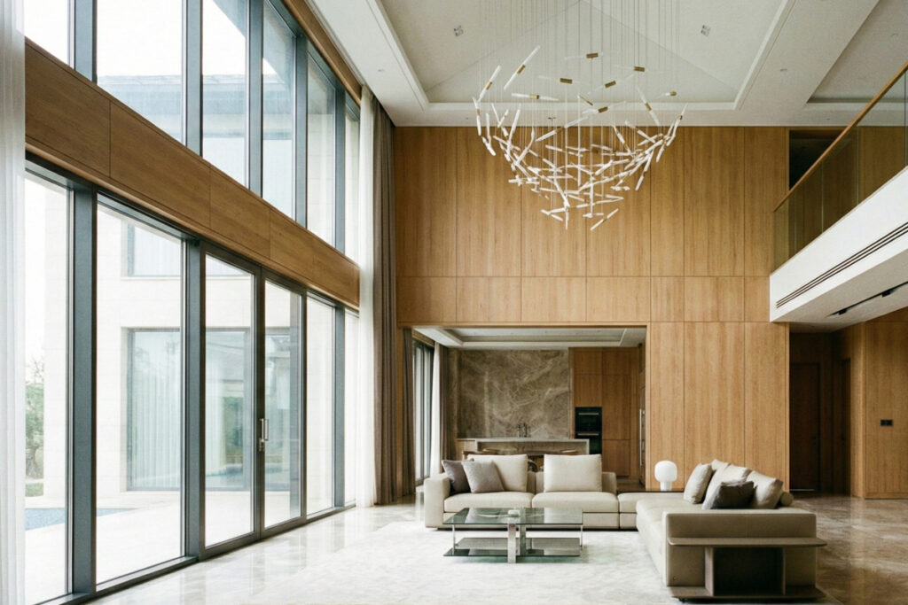 高い吹き抜けと壁一面の木質パネル、そして庭へと続く大開口の窓が開放感を演出する、ホテルライクでラグジュアリーなリビング空間。