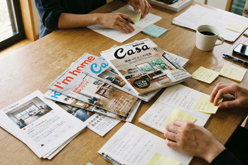 住宅情報誌や付箋、メモ書きがテーブルいっぱいに広げられた、理想の住まいのイメージを膨らませるための打ち合わせ風景。