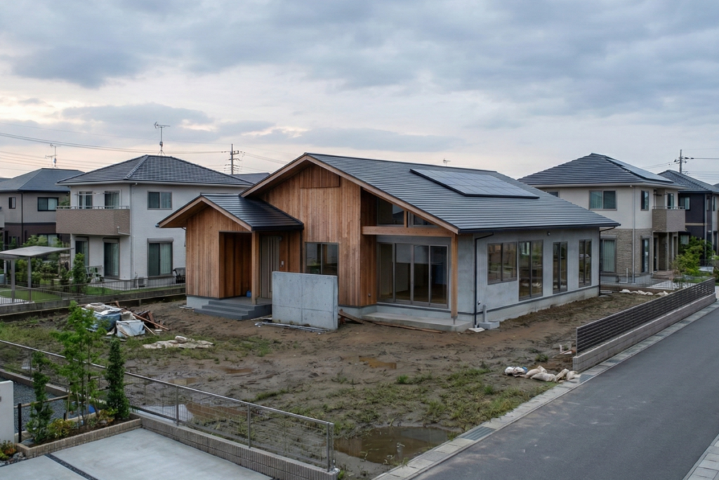 屋根に太陽光パネルを搭載した木造平屋の外観。無垢材の外壁とモルタル仕上げの壁面が調和し、広い開口部が特徴的。外構工事前の、建築中の雰囲気が伝わる全景。