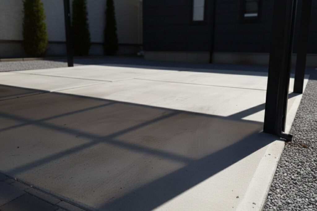 カーポートの遮熱効果を視覚的に伝える、真夏の強い日差しを遮って駐車スペースに涼しげな影を落とすコンクリート床面。