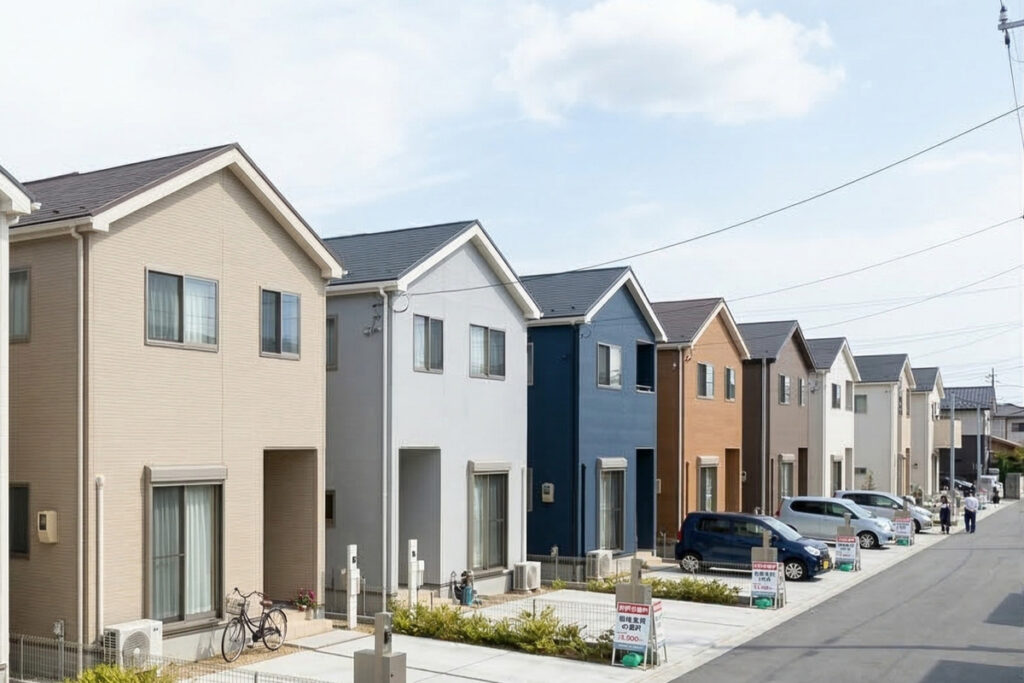 多様な外壁カラーの2階建て分譲住宅が整然と並ぶ、新しく整備された明るく清潔感のある街並みの風景。