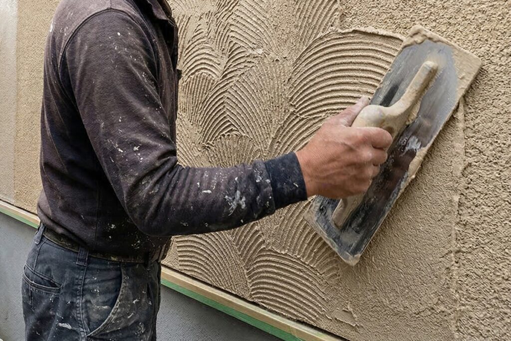 職人のコテさばきにより、塗り壁に表情豊かな扇形のパターンを施す施工風景。手仕事ならではの温かみと独特の質感を外装に与える。