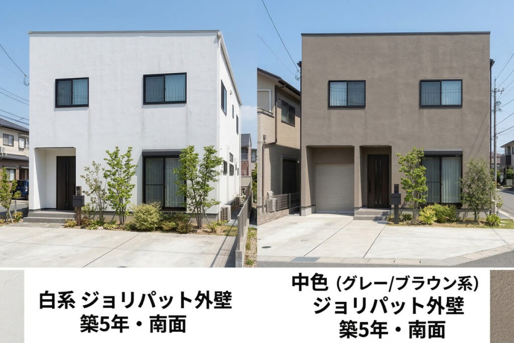 築5年が経過した白系と中色（グレー・ブラウン系）のジョリパット外壁の比較。南面における経年変化や、色味による汚れの目立ちにくさを確認できる。