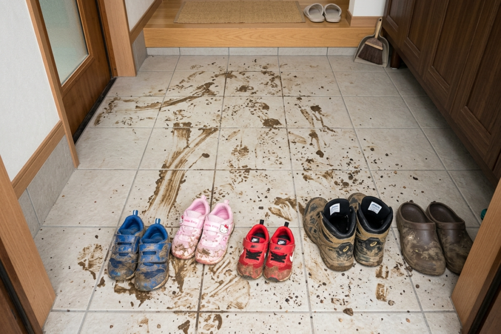 雨の日に泥だらけになった玄関タイルの様子。子供靴やワークブーツから付着した泥汚れがタイル一面に広がり、外構工事（舗装）の重要性を伝える暮らしのリアルな一コマ。
