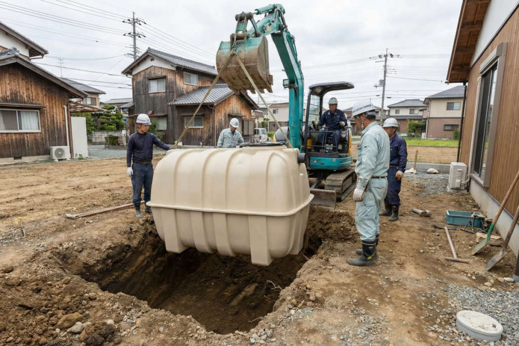 住宅の建築現場において、重機を使って合併処理浄化槽を地面に埋設する、基礎工事段階の重要なインフラ施工風景。