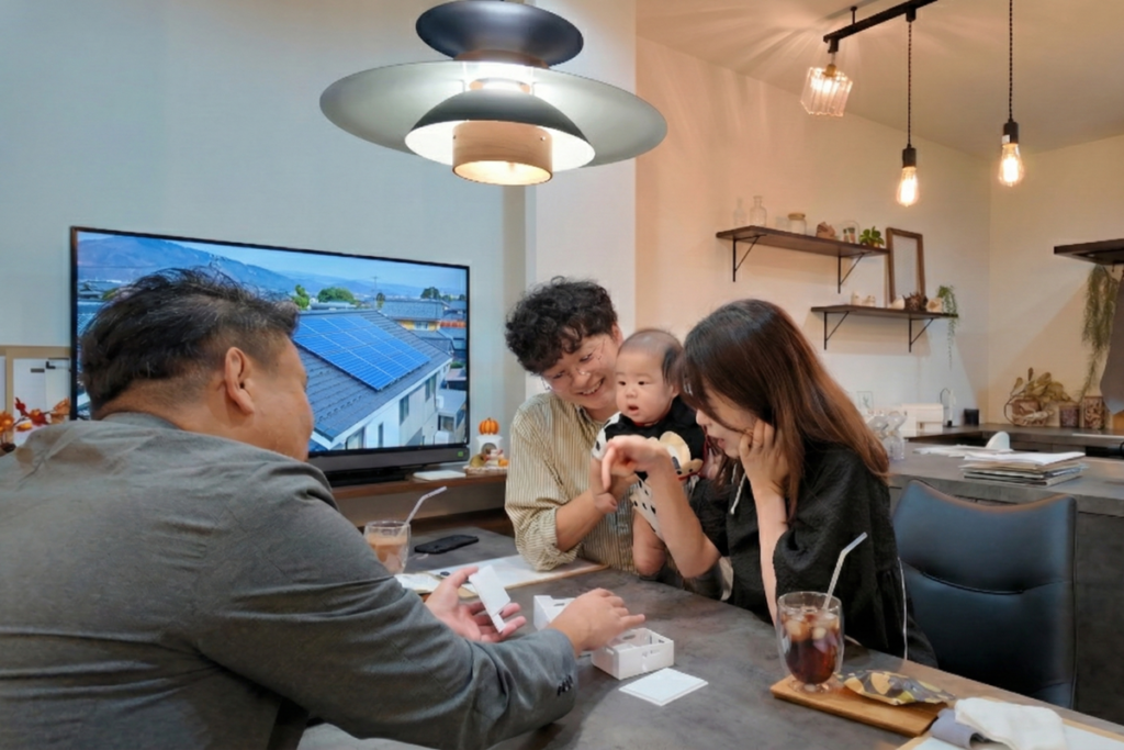 太陽光パネルの設置例をモニターで確認しながら、赤ちゃんを連れた家族が担当者と設備や仕様について打ち合わせているシーン。
