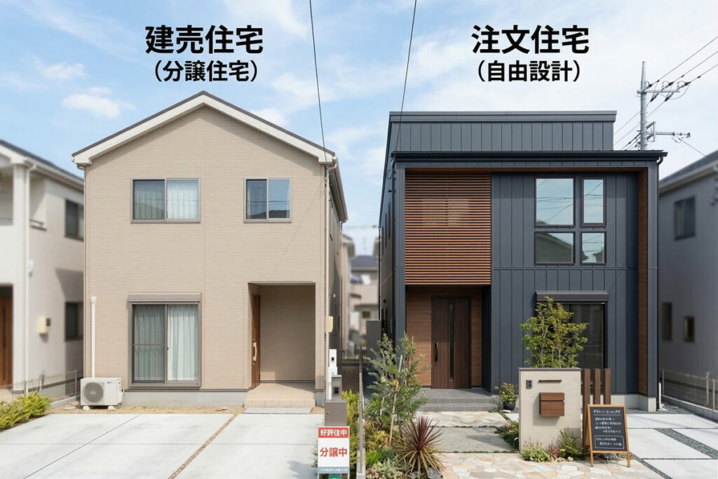 落ち着いたベージュの外装の「建売住宅」と、黒のガルバリウムに木目ルーバーを合わせた「注文住宅」の外観デザインと特徴の比較。