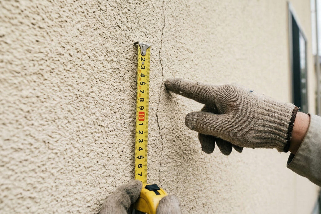 メジャーを当てて外壁のひび割れ幅を正確に測定している様子。適切な補修方法を検討するために、クラックの広さを現場で詳細に調査する。