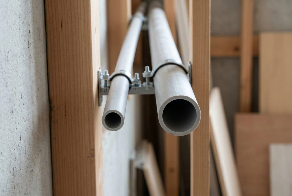 木造住宅の壁体内に施工された、給排水用の塩ビパイプとそれらを強固に固定する支持金具の施工詳細。