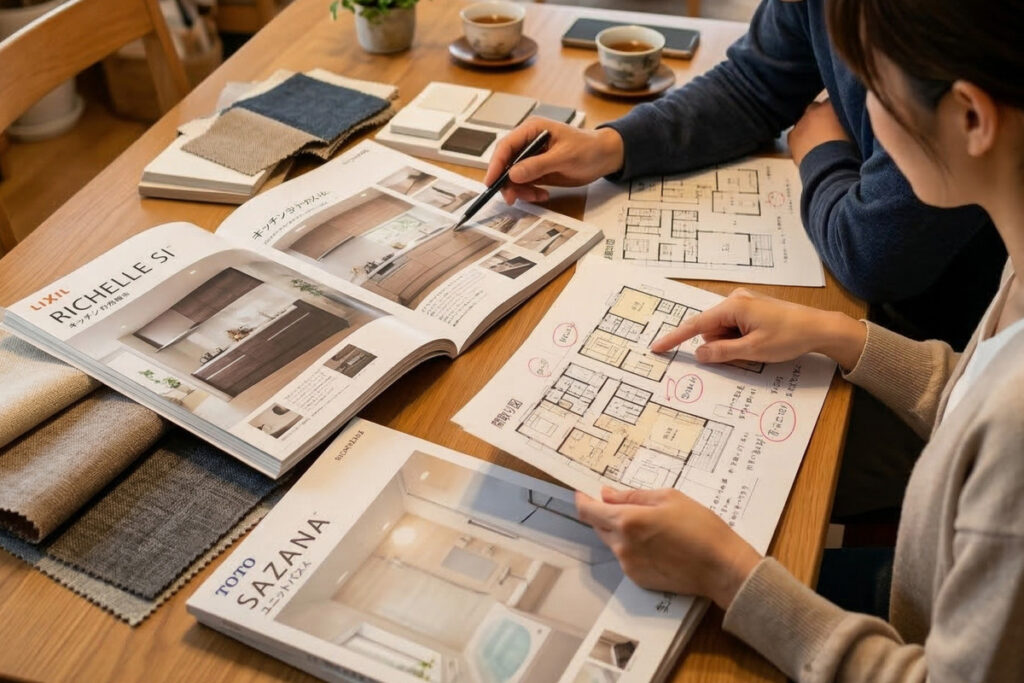 キッチンや浴室のカタログを広げ、間取り図や建材サンプルを確認しながら家づくりの詳細プランを検討している打ち合わせ。