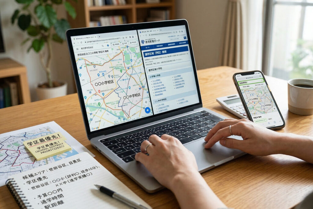 パソコンやスマートフォンを使い、希望の小学校区から土地や物件を探す様子。ノートには予算や通学時間など、住まい選びの優先順位がまとめられている。