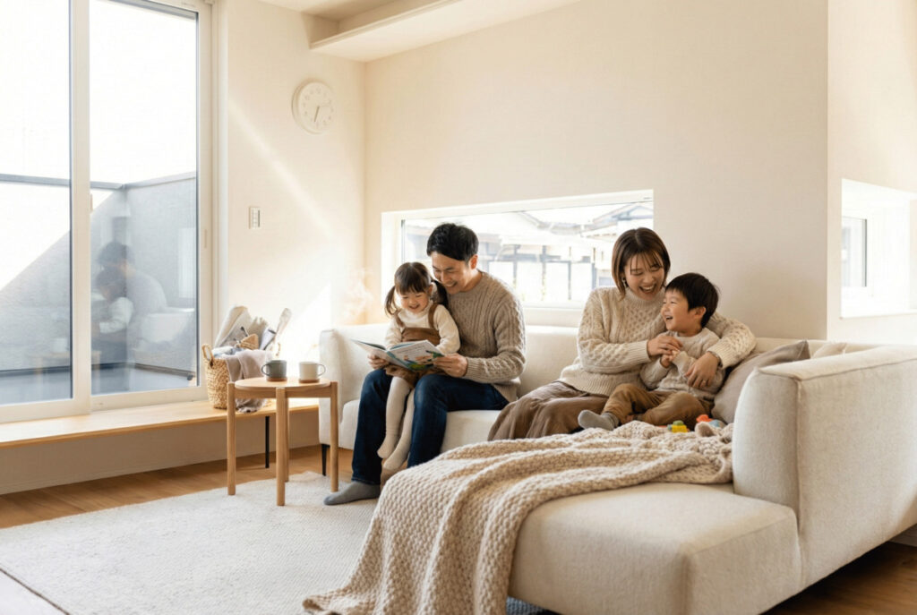 自然光が差し込む明るいリビングのソファで、絵本を囲みながら家族団らんを楽しむ温かな日常風景。