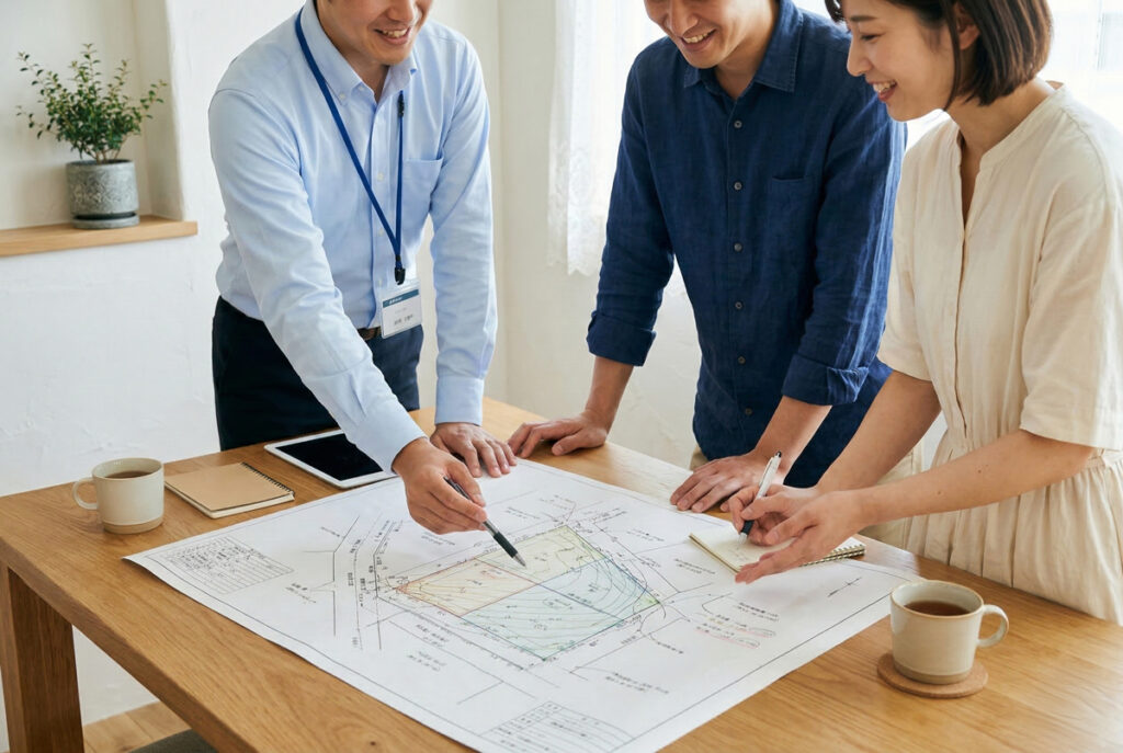 土地の図面をテーブルに広げ、建築士や担当者から敷地の形状や給排水設備の引き込み状況について説明を受ける施主夫婦。