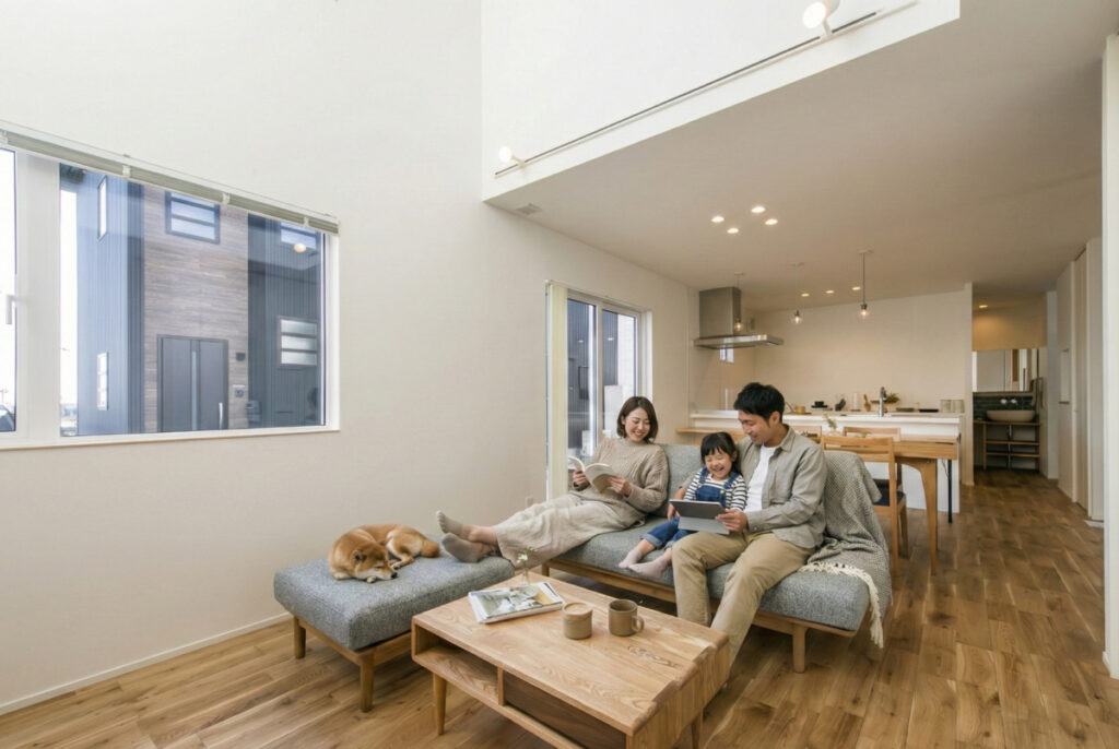 吹き抜けが開放的なリビングで、愛犬の柴犬と共にソファでくつろぎながら、家族でタブレットを使って家づくりを楽しむ日常。