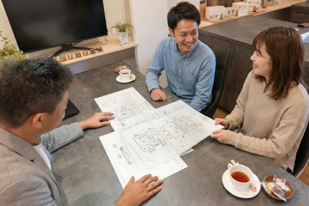 テーブルに広げられた設計図を囲み、担当者と笑顔で対話を楽しみながら注文住宅の打ち合わせを進める夫婦の様子。