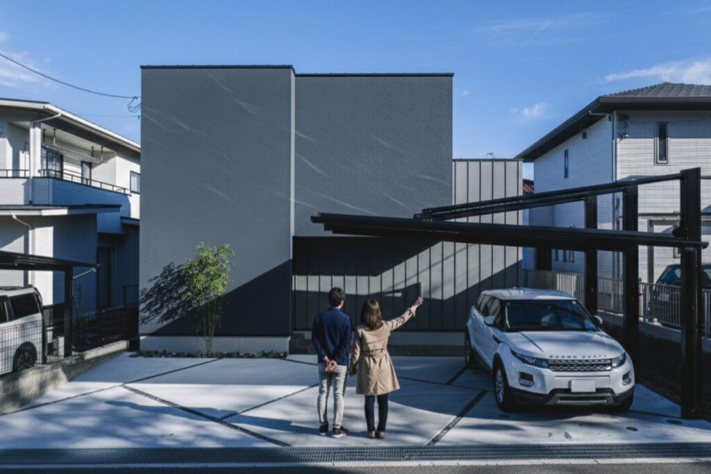 黒を基調とした洗練されたデザインの外観と、機能的なカーポートを備えた新居を満足そうに眺める施主夫婦の後ろ姿。