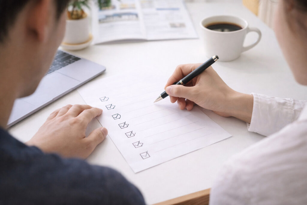 家づくりのこだわり条件や確認事項を漏れなく整理するため、チェックリストを用いて一つずつ丁寧に進捗を確認している手元のクローズアップ。