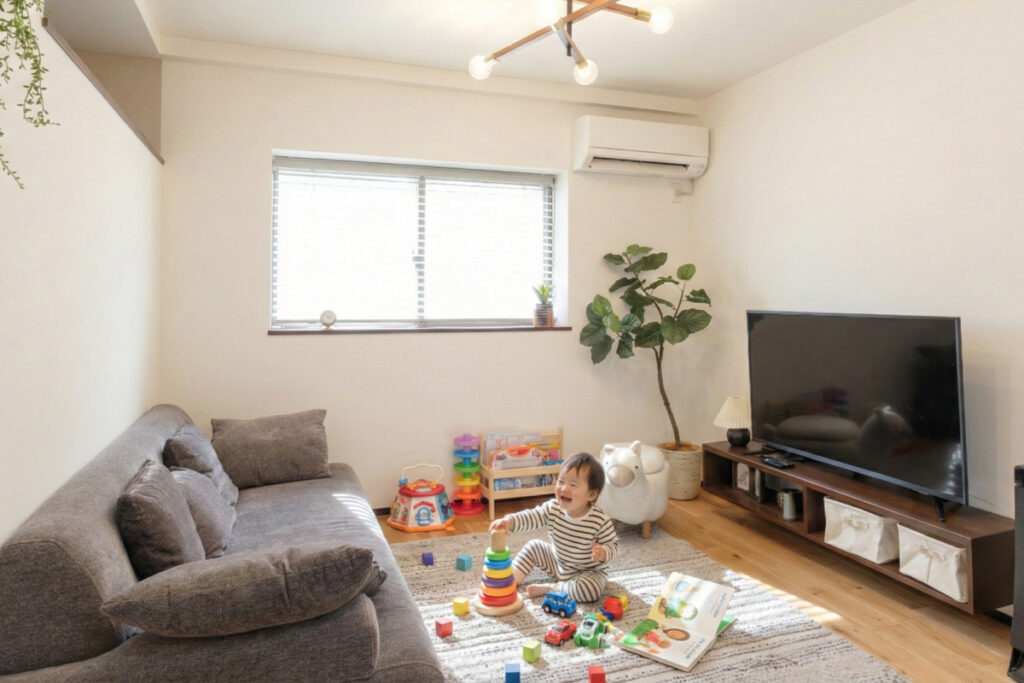 柔らかな自然光が入る明るいリビングのキッズスペースで、カラフルなおもちゃを使って楽しそうに遊ぶ赤ちゃんの姿。